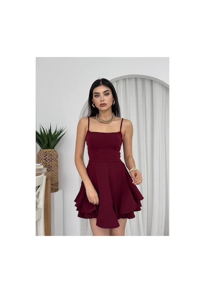 Mayrem Kadın Prenses Model Askılı Elbise Bordo