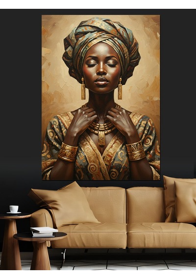 Ahşap Tablo Başlıklı Altın Takılı Afrikalı Kadın