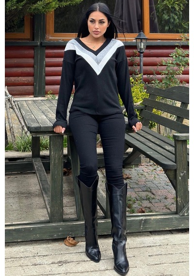 WeShaya Kadın Siyah Uzun Kollu V Yaka Color Block Pamuklu Bluz Sweatshirt Siyah