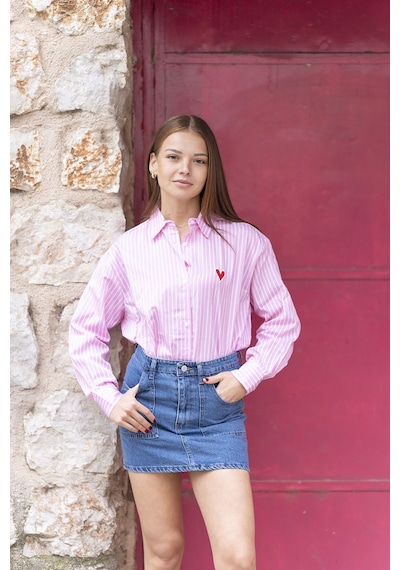 Çizgili Cep Detaylı Oversize Gömlek Pembe