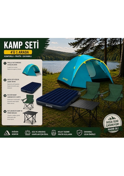 Trendinyeri Yeşil Sandalyeli Kamp Seti 4 Kişilik Çadır, Intex Yatak Ve Masa Karışık/çok Renkli