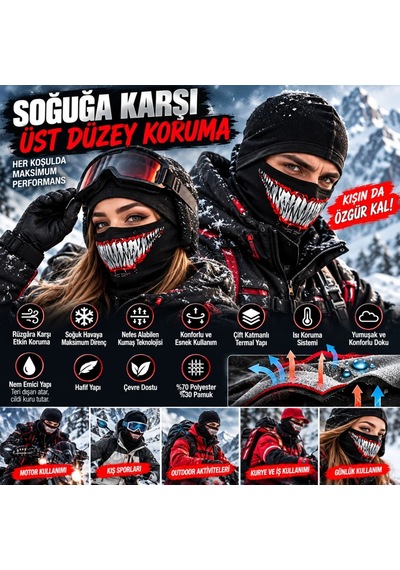 Womanandkids Wak Unisex Tam Yüz Balaklava Diş Desenli Kışlık Maske Nefes Alan Esnek Kask Altı Boyunluk Yumuşak Viskoz Siyah