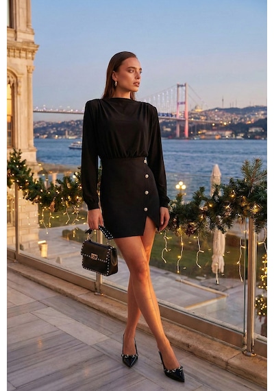 Lela Vatkalı Regular Fit Yırtmaç Detaylı Dik Yaka Mini Boy Bayan Elbise 611El751 Siyah