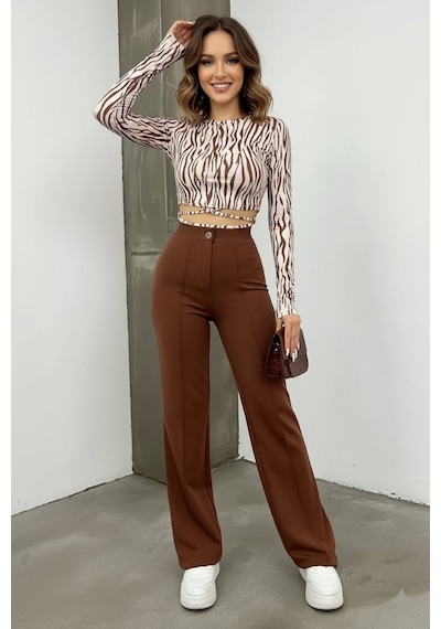 Unika Boutique Kadın Yüksek Bel Lastikli Nervür Dikişli Krep Çimalı İspanyol Paça Palazzo Pantolon Kahverengi