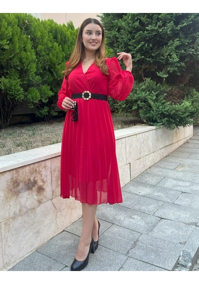 Hazego Kadın Şifon Kumaş Astalı Kloş Kesim Kruvaze Yaka Midi Boy Elbise Kırmızı