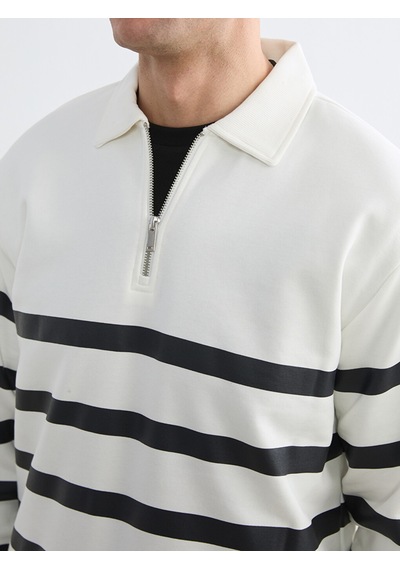 Lcw Vision Beyaz Polo Yaka Çizgili Erkek Kalın Sweatshirt