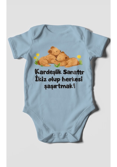 Morivokids Kardeşlik Sanattır, İkiz Yazılı Kısa Kollu Bebek Body %100 Pamuk Bebe Mavisi