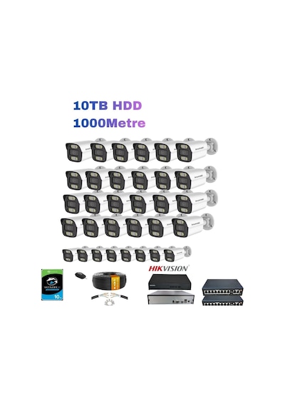 32 Li 5mp Ip Kamera Seti Poe Hikvision Nvr İç/dış Mekan 10tb Hdd Bakır Kablo Full Sistem