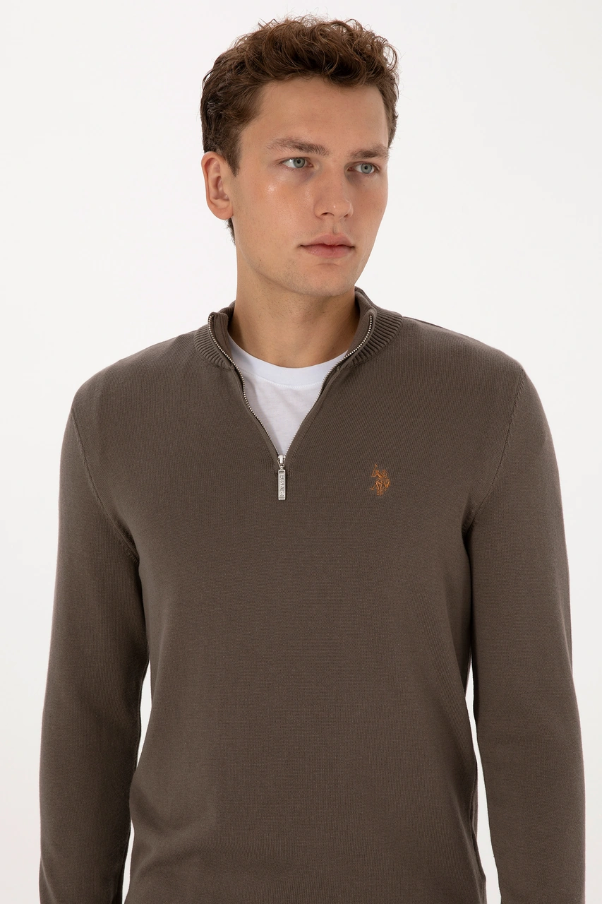 U.S. Polo Assn. Erkek Slim Fit Yarım Fermuarlı Vizon Basic Kazak 50313695-VR052