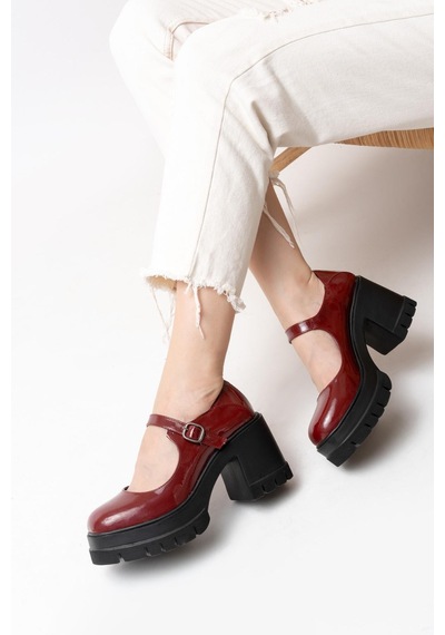 Asmi Shoes Kadın Tek Baletli Loafer Model Topuklu Ayakkabı Bordo Rugan Krem