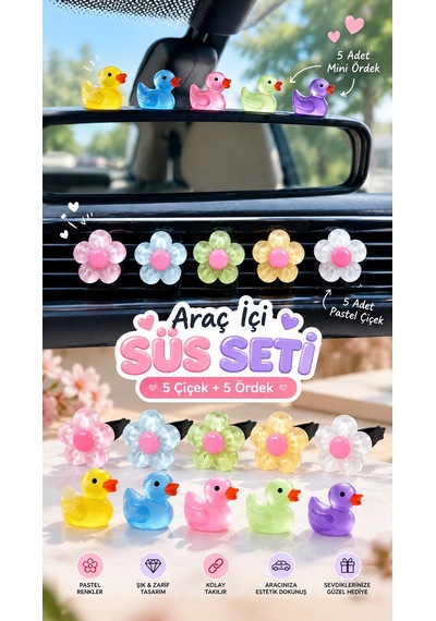 Araç İçi Süs Seti 10 Lu Pastel Çiçek & Mini Ördek Epoksi Dekorasyon Seti