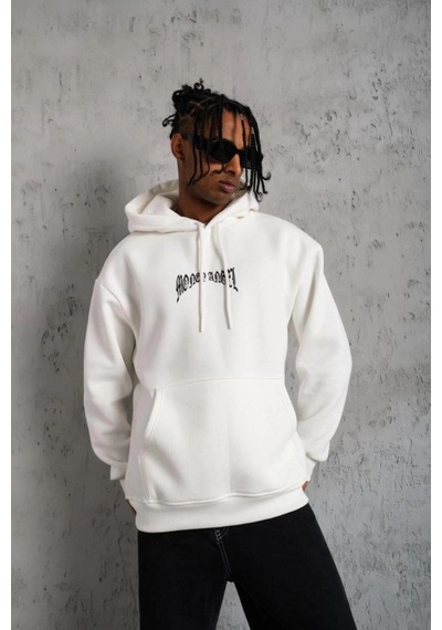 Erkek 3 İplik Pamuklu Baskılı Kapüşonlu Cepli Sweatshirt Hoodie - Beyaz