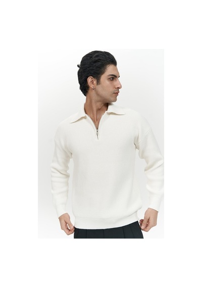Mai Collection Mai Studios Co. Oberon Polo Yaka Yarım Fermuarlı Ekru Erkek Triko Kazak Ekru