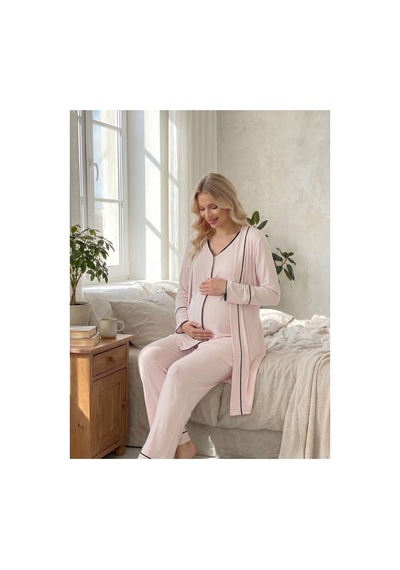 Hafsara Viscoz Yumuşak Dokulu Önden Düğmeli Sabahlıklı Lohusa Pijama Takımı Pembe