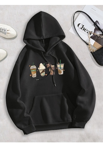 Clayes Coffe Sweatshirt - Siyah Baskılı Oversize Kapüşonlu Siyah