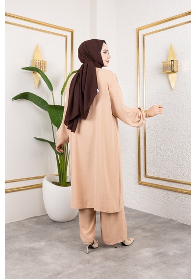 Nevayla Moda Ayrobin Kumaş İnci Detaylı Takım / T112 - Vizon Vizon
