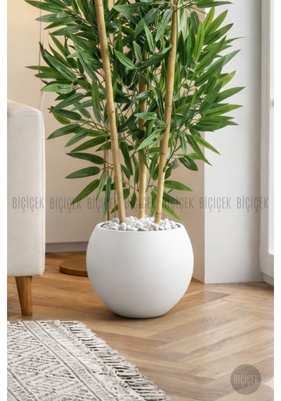 125cm Yapay Bambu Ağaci Beyaz Küre Saksıda