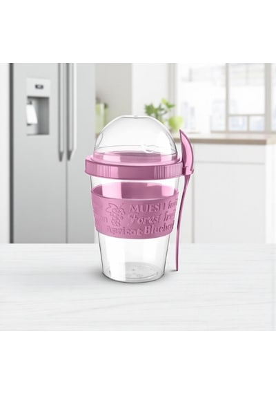 Titiz 600 Ml Kaşıklı Yoğurt & Müsli Kabı - Taşınabilir Kase - Pembe Çok Renkli