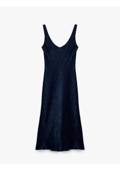 Koton Slim Fit Kolsuz U Yaka Kalın Askılı Uzun Saten Elbise Lacivert 6wak80025uw