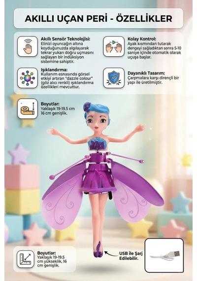 Uçan Peri Bebek Hareket Sensörlü Şarjlı Dazzle Colour Işıklandırmalı Uçan Mor Oyuncak Bebek
