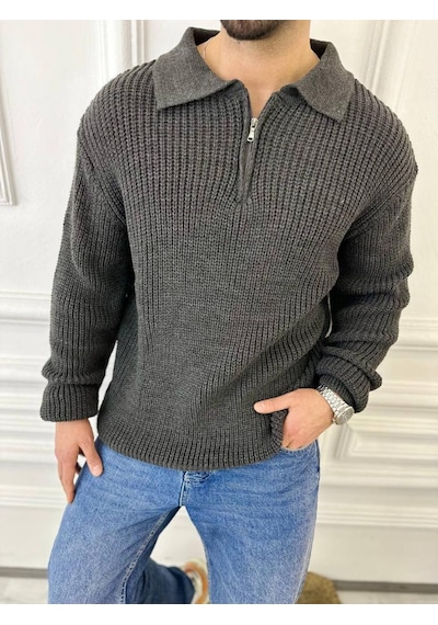 Elku Moda Kazak Oversize Tüylenmez Naturel Pamuk Fermuarlı Polo Yaka Örme Triko Kazak Füme