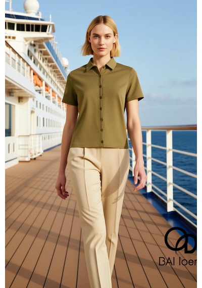 Benerly Kadın Bluz Crop Polo Yaka Kısa Kol Düğmeli Fitted Penye Süprem Ör Açık Haki