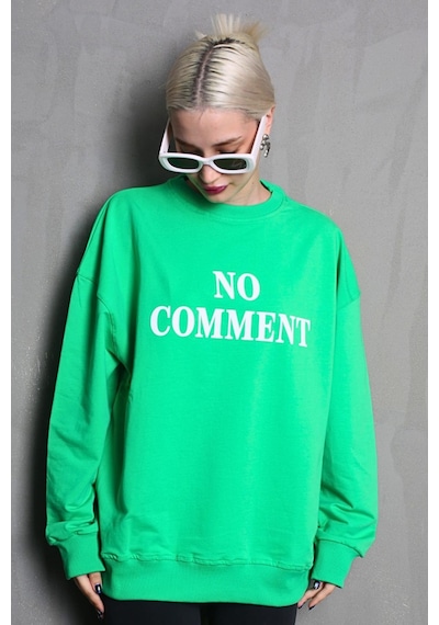 Madmext Açık Yeşil Bisiklet Yaka Baskılı Oversize Kadın Sweatshirt Mg1902 Açık Yeşil