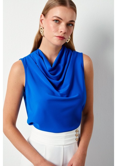 Sateen Degaje Yaka Kolsuz Bluz - Saks Mavisi