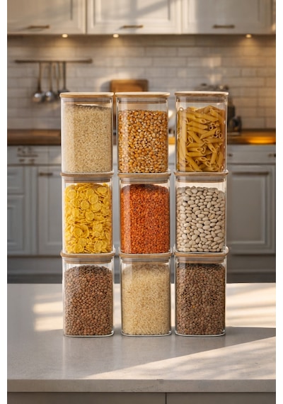 Porsima 6-3 Bambu Vakumlu Kapaklı Kare Borsilikat Cam 9lu Kavanoz Seti Saklama Kabı 1250ml 9,5x15cm Ahşap - Şeffaf