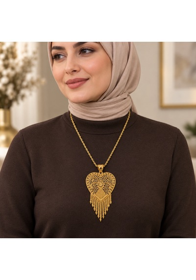 Gold Renk Kalp İçinde Çiçek Motifli Püsküllü Uzun Kadın Kolye 60+5 Cm Renkli