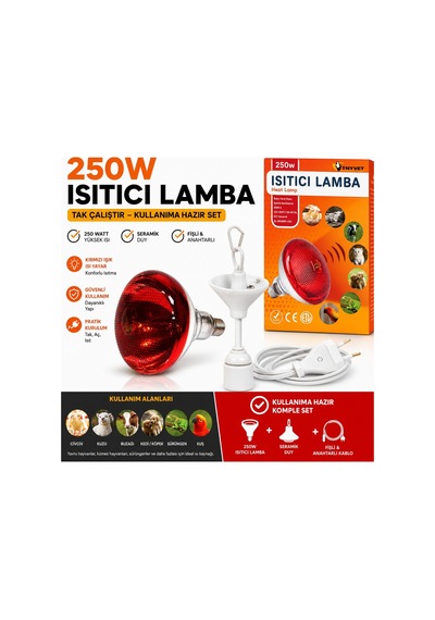 Tnyvet Isıtıcı Lamba 250 Watt + E27 Seramik Duy+2m Fişli Kablo Av