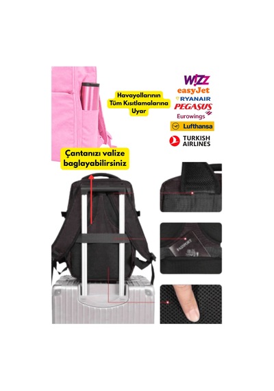 Jet Turtle Seyahat Sırt Çantası 40cm 40x25x15 Cm Pegasus, Wizz Air, Ryanair, El Valizi Koltuk Altı Valizi Pembe