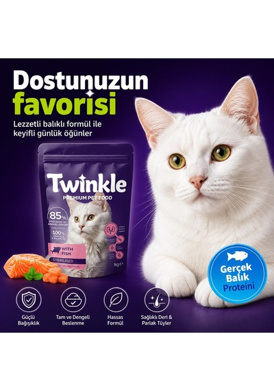 Twinkle Kısırlaştırılmış Kedi Maması 1 Kg - Balıklı Sterilised Kedi Maması -%85 Hayvansal Protein - Tam Ve Dengeli Beslenme - Böbrek Ve Üriner Sistem Desteği