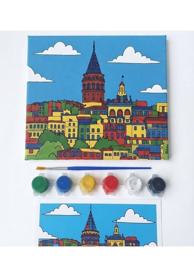 Figürlü Tuval Boyama Seti 20x20 Cm 1 Adet Fırça, 6 Renk Akrilik Boya Ve Referans Görselli Hobi & Kendin Yap Boyama Kiti 1, Galata Kulesi