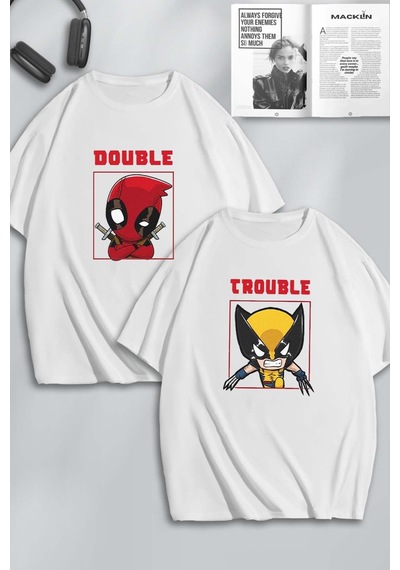 Unisex Erkek Kadın Deadpool Ve Wolverine Baskılı Sevgili Çift Kombini Tasarım Oversize T-shirt 2li Beyaz Mck0597 Beyaz