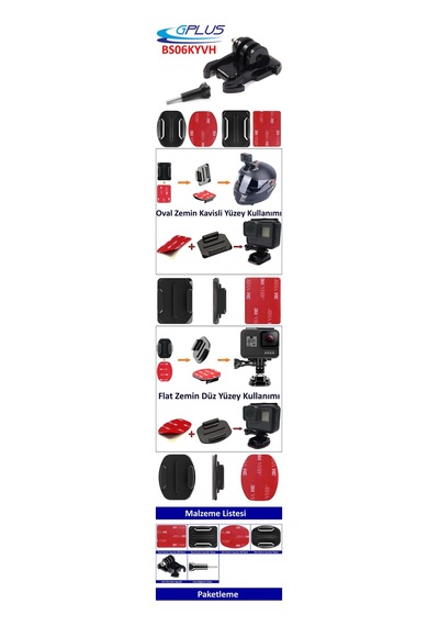 Gplus Bs06kyvh 6 Parça Oval Eğimli Zemin Ve Flat Düz Yüzey Vidalı Hızlı Tak Aksiyon Kamera Uyumlu 3m Yapışkanlı Motor Kask Bağlantı Base Seti Siyah