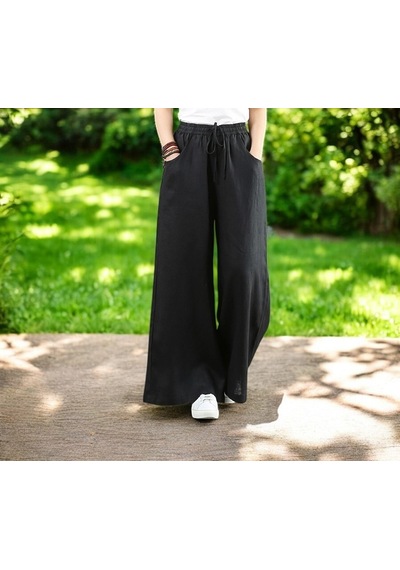 Yazlık Beli Lastikli Şık Keten Pantolon siyah