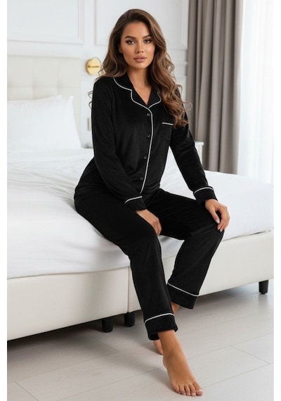 Kadın Kadife Boydan Düğmeli Şerit Detaylı 2'li Pijama Takım Siyah