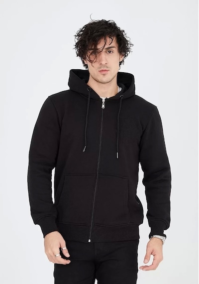 Unisex Tam Fermuarlı Kapşonlu Sweatshirt - Siyah