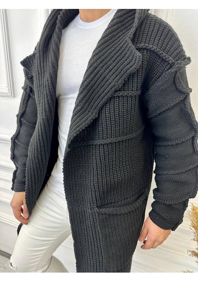 Elku Moda Elkumoda Hırka Kapüşonlu Cepli Örgü Triko Uzun Panço Hırka Hırka2785-HIRKA2785
