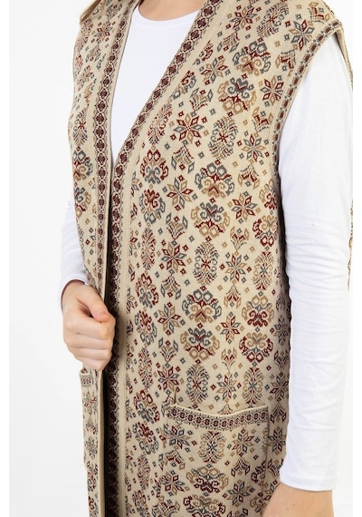 Uludağ Triko Kadın Çiçek Desen Uzun Kilim Yelek / Taş