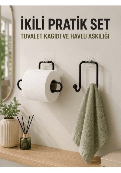 Duvara Yapışkanlı 2 Li Düzenleme Seti Havlu Askısı Ve Tuvalet Kağıdı Tutucu Resimdeki