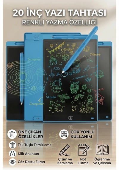 20 Inc Renkli Lcd Grafik Dijital Kalemli Çizim Tableti Yazı Tahta Not Yazma Eğitim Tableti Mavi