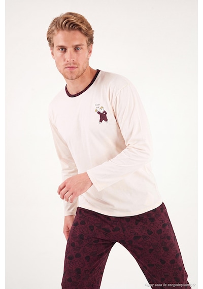 Buratti Baskılı Pamuklu Bisiklet Yaka Uzun Kollu Pijama Takımı Erkek Pijama Takımı 6575004 Bordo