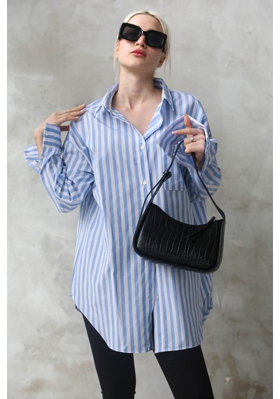 Madmext Mavi Çizgili Oversize Kadın Gömlek Mg1688