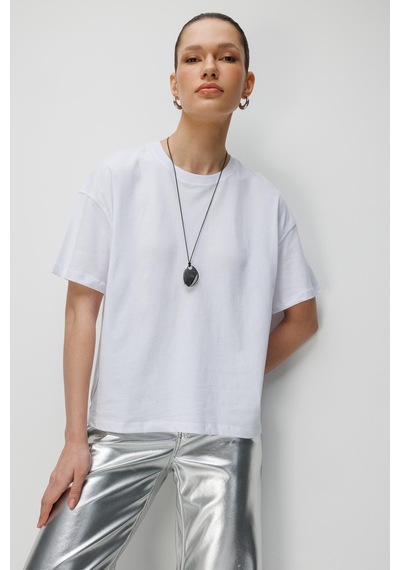 Mixray 48522 Kadın Yırtmaçlı Oversize Basic %100 Pamuk 2 Li T-shirt Kahve Beyaz Kahverengi - Beyaz