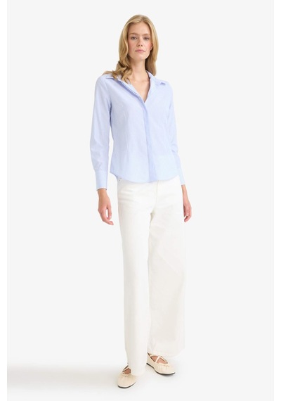 Defacto Fitted Çizgili Poplin Uzun Kollu Gömlek D3172AX24AU Mavi