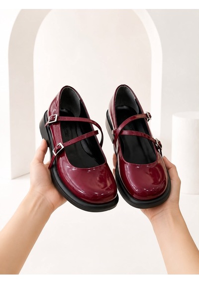 Dabab Shoes Marsel Kadın Bordo Rugan Çapraz Bantlı Tokalı 2 Cm Kalın Taban Mary Jane Ayakkabı