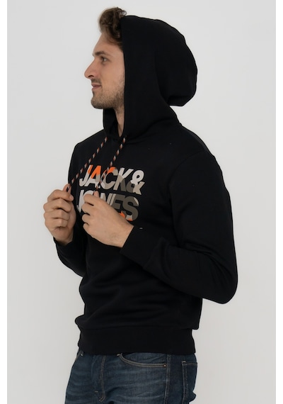 Jack & Jones Erkek Logo Baskılı Kapüşonlu Sweatshirt - Luke Black Siyah