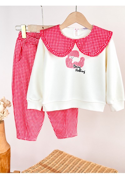 Elzo Collection Kız Çocuk Pötikare Bebe Yaka Ayıcık Baskılı Sweatshirt Pötikare Gabardin Denim Kot Pantolon Alt Üst Takım Ekru - Kırmızı Elzo Collection Kız Çocuk Pötikare Bebe Yaka Ayıcık Baskılı Sweatshirt Pötikare Gabardin Denim Kot Pantolon Alt Üst Takım Ekru - Kırmızı